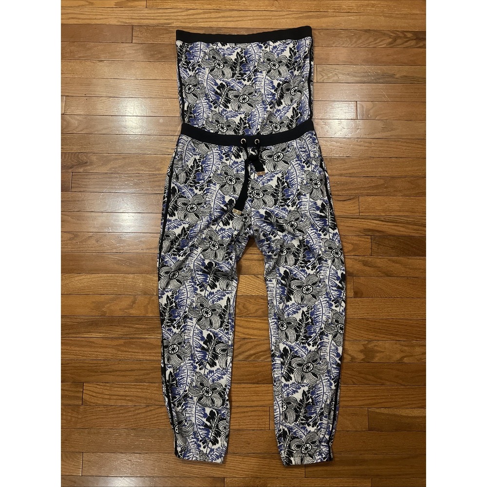 Juicy Couture Strapless Floral Jumpsuit Womens M Blue Black White Drawstring